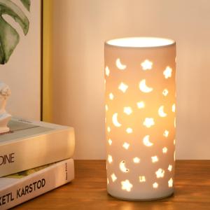 Lampwell Dana White Modern Ceramic Moon Carving Table Lamp for Living Room & Bedroom, 3.54xH7.87IN, Bulb Excluded