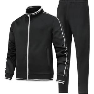 Men's 2 Pieces Athletic Tracksuit Full-Zip Workout Sweatsuit with Active Jackets and Pants (Large, Black)