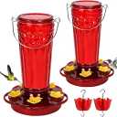 2 Pack Glass Hummingbird feeders for Outdoors 14Ounces，5 Feeding Ports Hummingbird Feeder,Wide Mouth for Easy Filling/Cleaning，Hanging for Garden Backyard Decor, Includes Ant Moat (Red，2Pack)