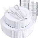 Hioasis 300pcs White and Silver Plastic Plates - Disposable Dinnerware Set Suitable for 50 Guests Include 10.25" Dinner & 7.5" Dessert Plates,Silverware Set, Cups for Weddingr(NO Napkins Included)