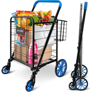 SereneLife Shopping Supermarket Cart with 360 Rolling Swivel Wheels, Collapsible Design, Double Basket Compartment, Heavy Duty Shopping Cart, Utility Cart for Grocery, Laundry, Luggage, Blue