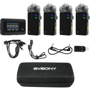 4-Person Wireless Lavalier Microphones Systems for Group Videos & Interviews, Compatible with iPhone, Android, Camera, 656ft Range, Smart Display, 2-Level Noise Reduction, Magnetic Mount,Safety Track