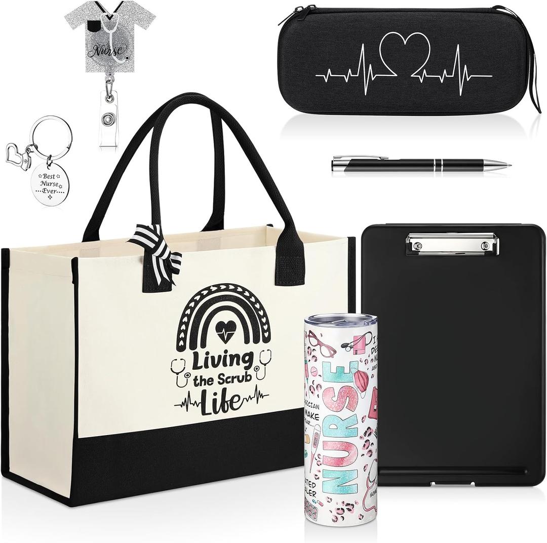 Sieral 7 Pcs Graduation Gifts for Women Nurse Appreciation Gifts Set Canvas Tote Bag Tumbler Keychain for Nursing