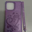 iCoverCase Compatible with iPhone 14 Pro Max Wallet Phone Case with Card Holder for Women, RFID Blocking Embossed PU Leather Wrist Strap Case 6.7 Inch (Heart Purple)