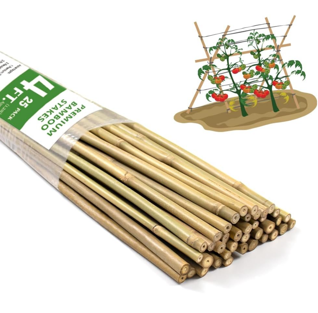 Bamboo Stakes,4FT Natural Bamboo Garden Stakes,BOVITRO 25Pcs Plant Stakes,Bamboo Sticks for Tomato,Beans,Vegetable and Climbing Plants