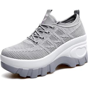 Women's Chunky Platform Comfort Orthopedic Wedge Walking Shoes Fashion Knitted Breathable Lace Up Lug Sole Casual Non-Slip Running Shoes with Arch Support, 8, Grey