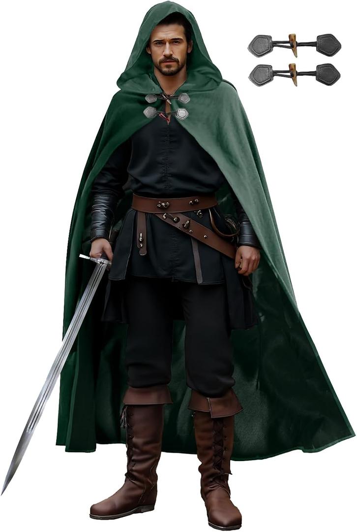 Velvet Renaissance Hooded Cloak with Lining & Horn Button, Medieval Viking Cape Robe for Men Women Halloween Costume Large