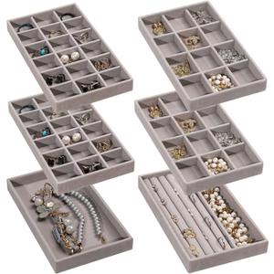 Frebeauty Jewelry Organizer Tray,Stackable Velvet Jewelry Trays,Drawer Inserts Earring Organizer For Women Jewelry Storage Display Case for Rings Stud Necklaces,Set of 6(Grey)