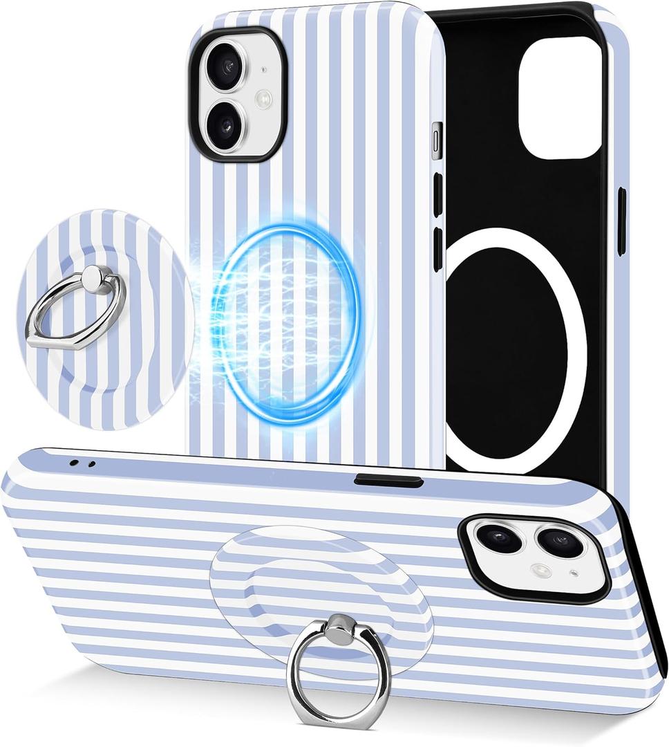 Jusy Compatible with Magsafe Striped Phone Case for iPhone 12 Pro Max, Cute Aesthetic Magnetic Ring Holder Stand Case, Soft TPU and Hard PC Protective Phone Cover for Women Girls - Blue Striped