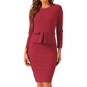 Allegra K Women's Bodycon Dresses Round Neck Long Sleeve Casual Work Outfits Peplum Sheath Dress (Large, Red)