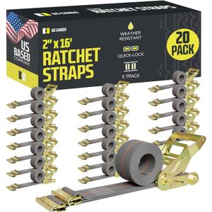 E Track Ratchet Straps Cargo Tie-Downs, (Pack of 20) 2 x 16 Heavy Duty Grey Tie-Down Rachet Straps, Strong Ratchet Strap, E Track Spring Fittings, Tie Down Motorcycle