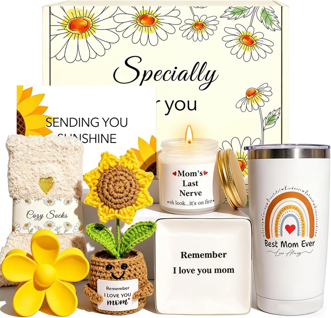 Mothers Day Gifts for Mom, Best Mom Birthday Ideas for Women Unique Mother's Day Relaxing Baskets for Mother, Crochet Sunflower New Mama Thank You Gifts for Wife Women Her from Daughter Son Husband