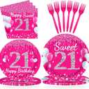 96Pcs 21st Birthday Party Supplies 350 GSM Hot Pink Sweet 21 Plates and Napkins Tableware Sets Happy 21st Birthday Decorations for Girls Women Finally Legal 21 Years Old Party Favors, Serves 24