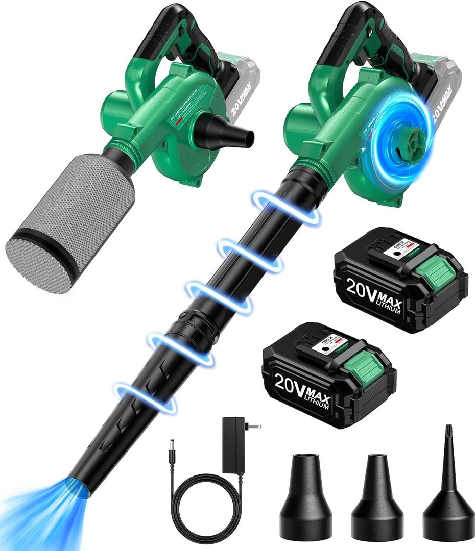 K I M O. Cordless Leaf Blower Vacuum Combo, 3 Nozzles&3 Modes for Inflation & Deflation, 20000RPM 150MPH Variable High Speed, 20Inch Extended Tube, 2 Pack 20V Battery Powered Leaf Blower for Lawn Care