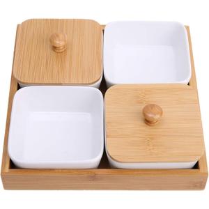 Bamboo Serving Tray, Modern 4-Compartment Appetizer Platter with Ceramic Bowls for Dips, Snacks, Veggies, Cheese, Multipurpose Entertaining Dish for Parties, Catering, Hosting