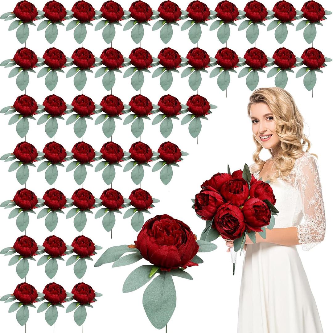 50Pcs Artificial Peonies Flowers Bulk, 4 Burgundy Peonies Fake Flowers Heads for Table, Faux Silk Peony Arrangements for Wedding, Valentine, Engagement, Office, Coffee, Dining Decorations
