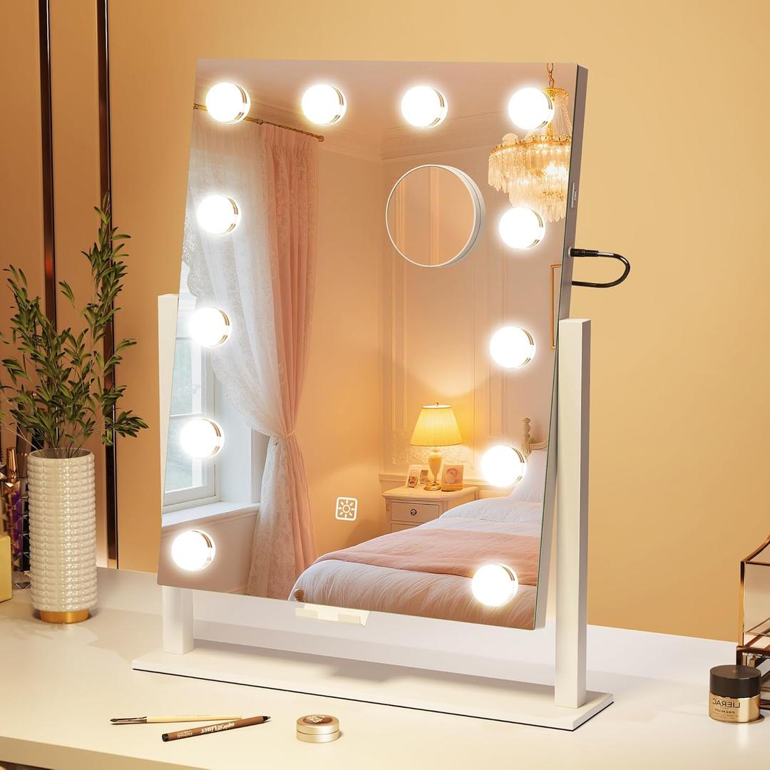S'bagno Vanity Mirror with Lights, 12 Dimmable LED Bulbs, Detachable 10X Magnifying Mirror, Touch Control, USB Rechargeable, Tabletop Hollywood Lighted Makeup Mirror for Dressing Table,16''x12''