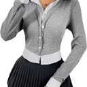 MakeMeChic Women's Casual Business Top Long Sleeve Shirts Button Down Collared Blouse Grey Medium