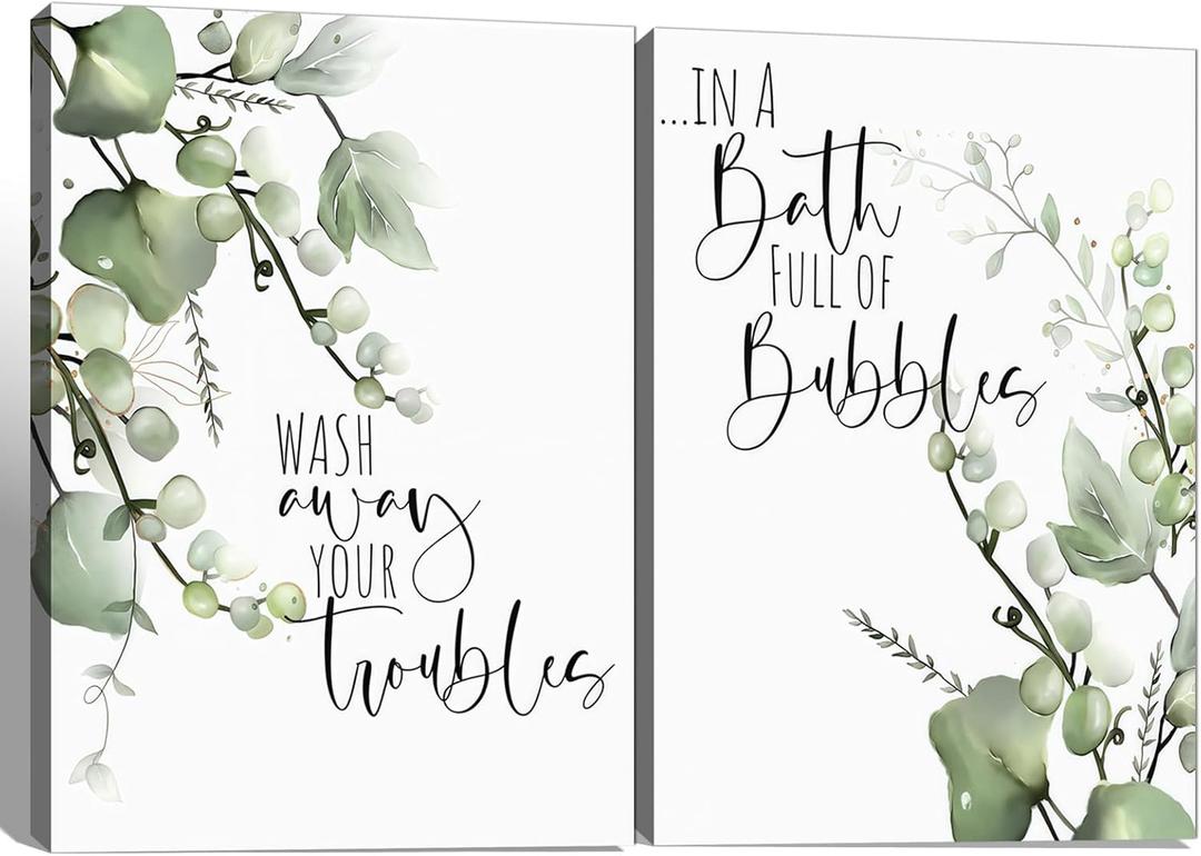 2 Pcs Framed Bathroom Green Plant Canvas Wall Art Sage Pictures Decor Prints Posters Minimalist Paintings Modern for Spa Washroom Toilet Decor Ready to Hang 12x16 Inches
