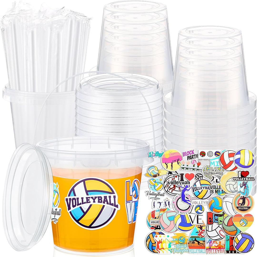 30 Sets Clear Plastic Cups 24 oz Ice Cream Buckets with Lids & Straws Disposable Drink Cups Cocktail Pails Bulk with Handles and Stickers for Outdoor Beach Birthday Pool Party(Volleyball)