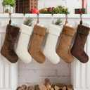 Jamntower 6 Pack 18 Inch Neutral Christmas Stockings Rustic Brown Tan Beige Fur Stocking Ornaments Soft Plush Farmhouse Stockings for Christmas Tree Fireplace Family Holiday Party Decoration
