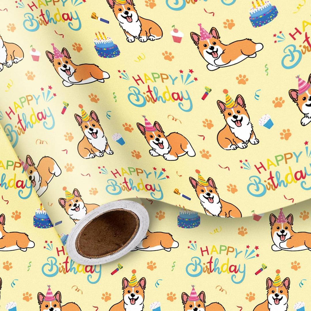 LeZakaa Corgi Birthday Wrapping Paper Roll, Cute Corgi Dogs Cake Party Elements Birthday Gift Wrap for Dog Lovers, Kids, Mini Roll 17 In x 16.4 Feet