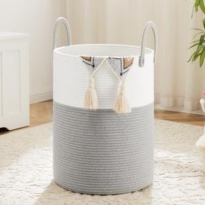 Laundry Basket,Woven Cotton Rope Laundry Hamper,100L for Decorative Storage of Dirty Clothes,Toys and Blankets in Bathroom,Baby Room and Living Room (Grey)