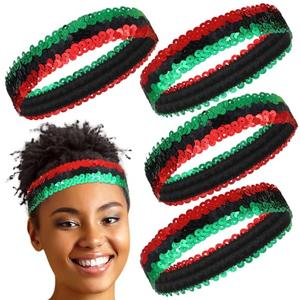 Wavyknot 8 Pcs Black History Month Headband African American Sequin Headband Red Green Decor Elastic Stretch Sparkly Fashion Accessories for Women Girls Black History Month Kwanzaa Party