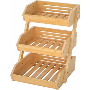G.a HOMEFAVOR Bamboo Fruit Basket, Fruit Organizer for Kitchen Counter, Vegetable Storage Stand, 15 mm Thickness (Self-assembly) (3-Tier)