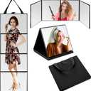 3 Way Foldable Full Length Mirror with Handle Leather 31.89 x 11.22 Inches Portable Hanging Travel Mirror Rectangular for Makeup Dance Home Fitness Spa Hair Styling (Black)