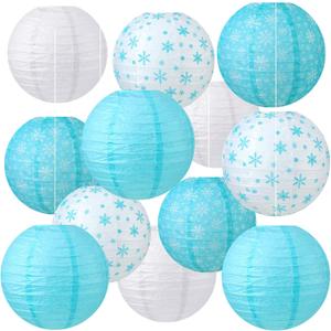 Panelee 12 Pcs Winter Party Decorations Paper Lanterns 8 Inch Blue White Round Hanging Paper Lanterns for Winter Office Classroom Decorations Indoor Outdoor