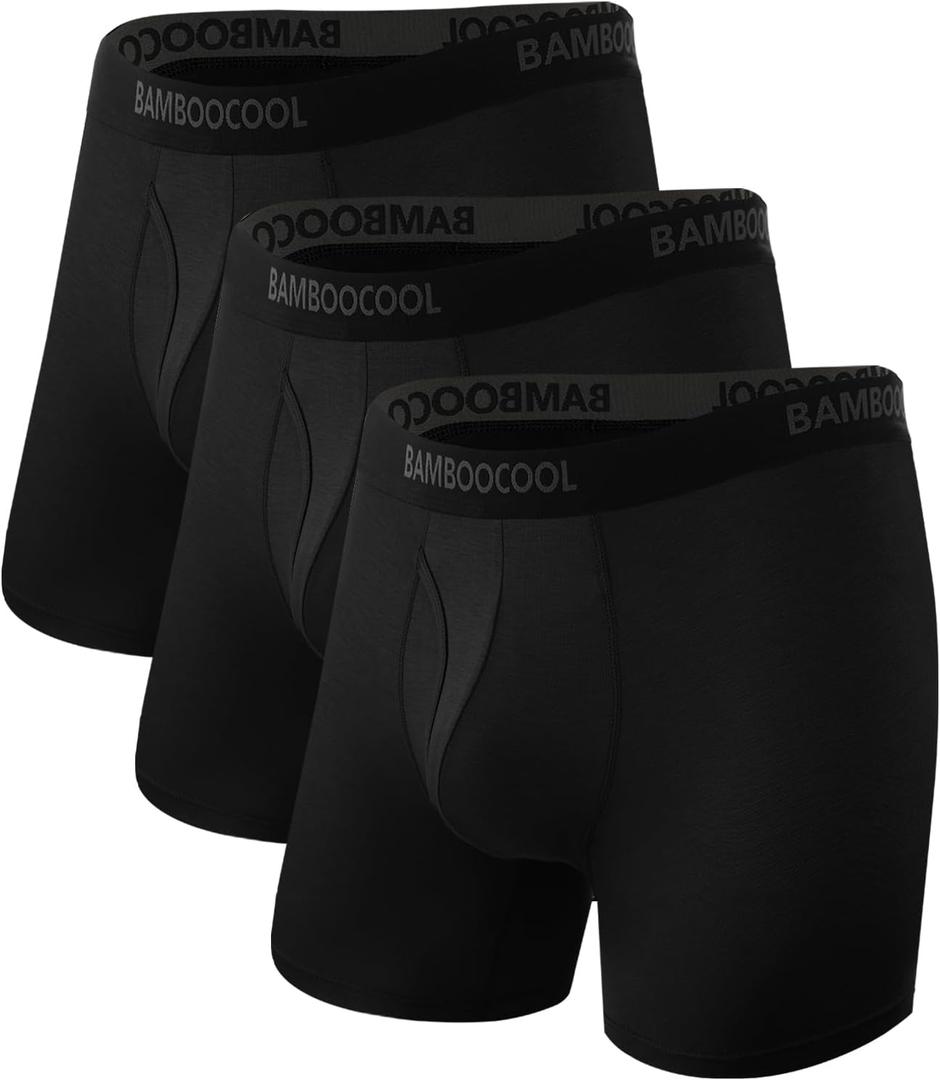 BAMBOO COOL Men's Underwear Breathable Boxer Briefs with Fly Moisture-Wicking Lightweight Underwear (XX-Large, 01-Black, Pack of 3)