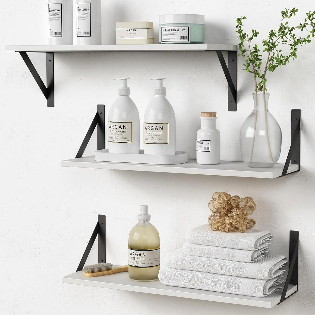 White Floating Shelves 24 inches Long Set of 3, 24 x 8 Inch Bathroom Wall Shelves Over Toilet for Towels, Modern Wood Mounted Storage Shelf for Bedroom Living Laundry Room Kitchen Office Closet