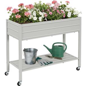 32" Tall Galvanized Raised Garden Bed with Legs Wheels & Shelf, Elevated Planter Box Outdoor for Vegetables, Herbs & Flowers, Patio & Backyard, Garden Bed with 400lb Capacity，Grey