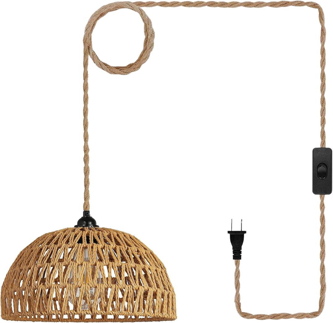 Boho Plug in Pendant Light: Rattan Hanging Lamp with 14.7ft Plug in Cord, Adjustable Height Hand Woven Hanging Light Fixture for Living Room, Bedroom, Dining Room, Kitchen, E26 No Bulb