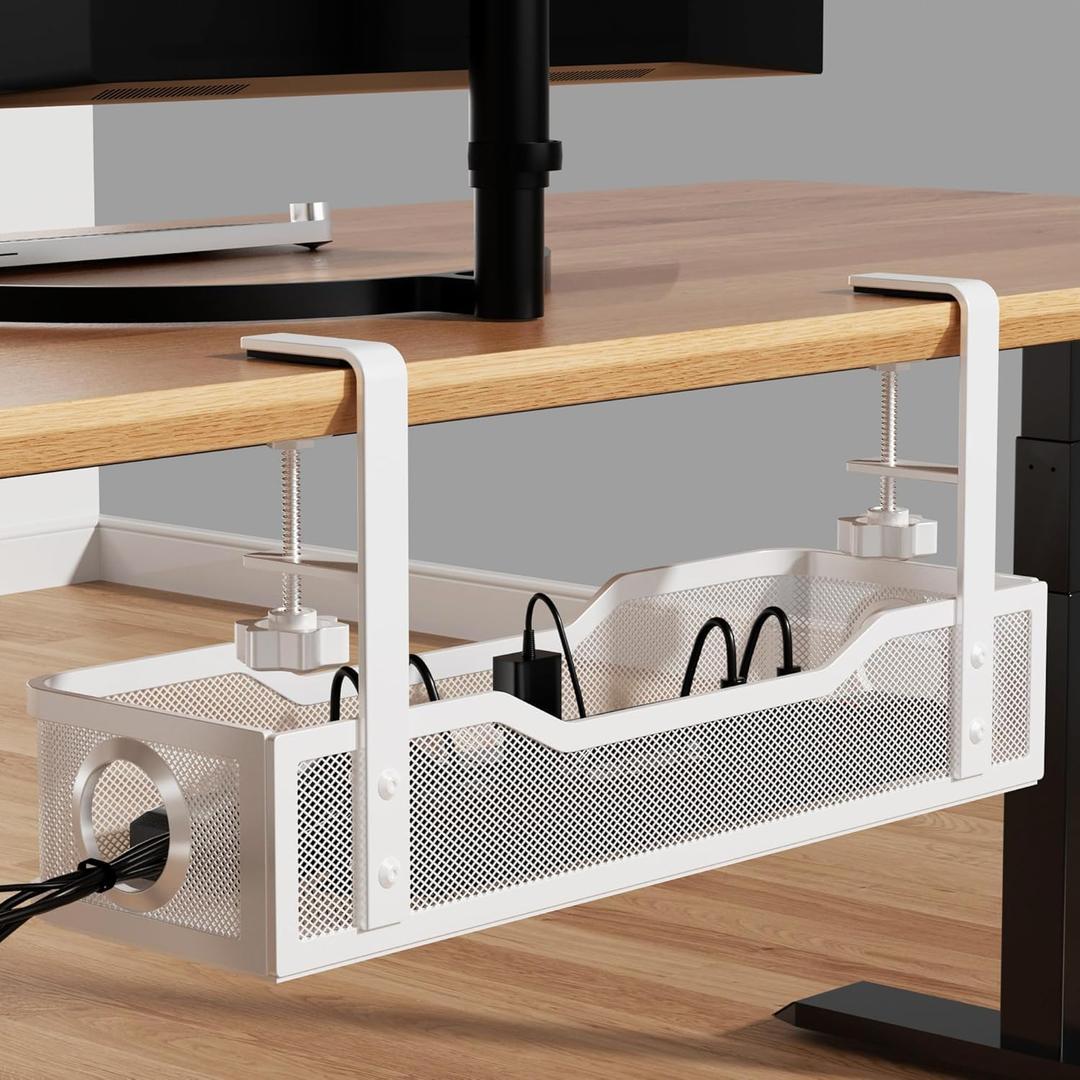 [Upgraded] Under Desk Cable Management Large, Cinati 16" Cable Management Box for Table Thickness up to 3", Wire Cord Organizer with Clamp No Drill, No Damage to Desk (White)