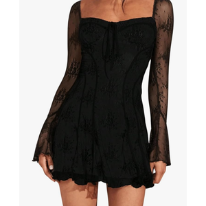SOLY HUX Women's Lace Mesh Flare Long Sleeve Mini Dress Ruffle Flowy Party Cocktail Dresses, Size M
