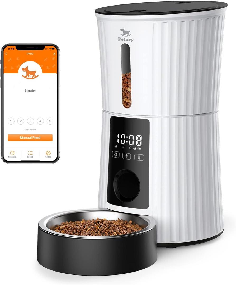 Petory Automatic Cat Feeders Wi-Fi - 4L Dry Food Dispenser for Cats and Dogs 10 Meals per Day Smart Pet Feeder with Desiccant Bag Dual Power Supply 10S Voice Recorder (White)