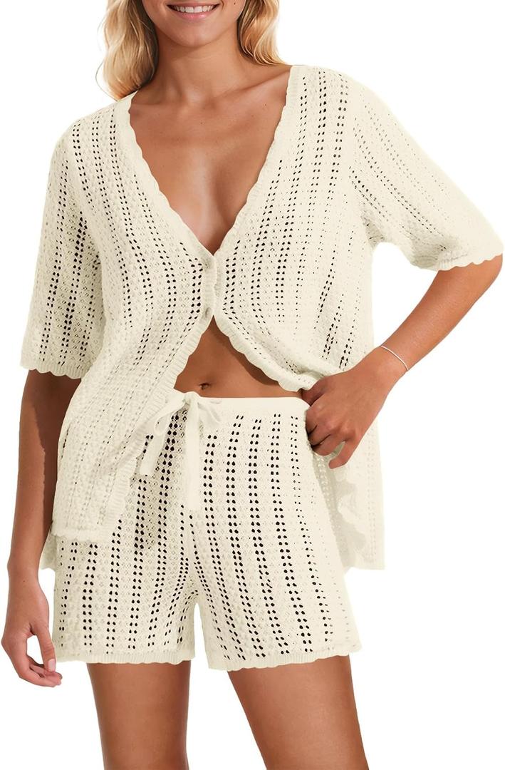 Saodimallsu Women Crochet 2 Piece Swimsuit Cover Up Short Sleeve Knit Tops Shorts Sets Summer Beach Vacation Outfit (Beige)