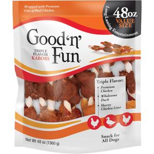 Good n Fun Triple Flavor Kabobs Chews for All Dogs, 48 Ounces, Treat Your Dog to Chews Made from Beef Hide, Real Chicken, Pork Hide, Duck and Chicken Liver (EXP 01/11/28)