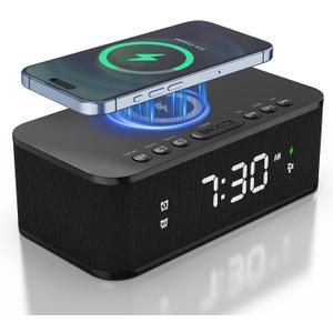 Digital Alarm Clock White Noise, Loud Digital Alarm Clocks Bedrooms, Alarm Clock Speaker Wireless Charger AUX USB Bluetooth Speaker 12/24H Dual Alarm Snooze Adjustable Brightness, Black