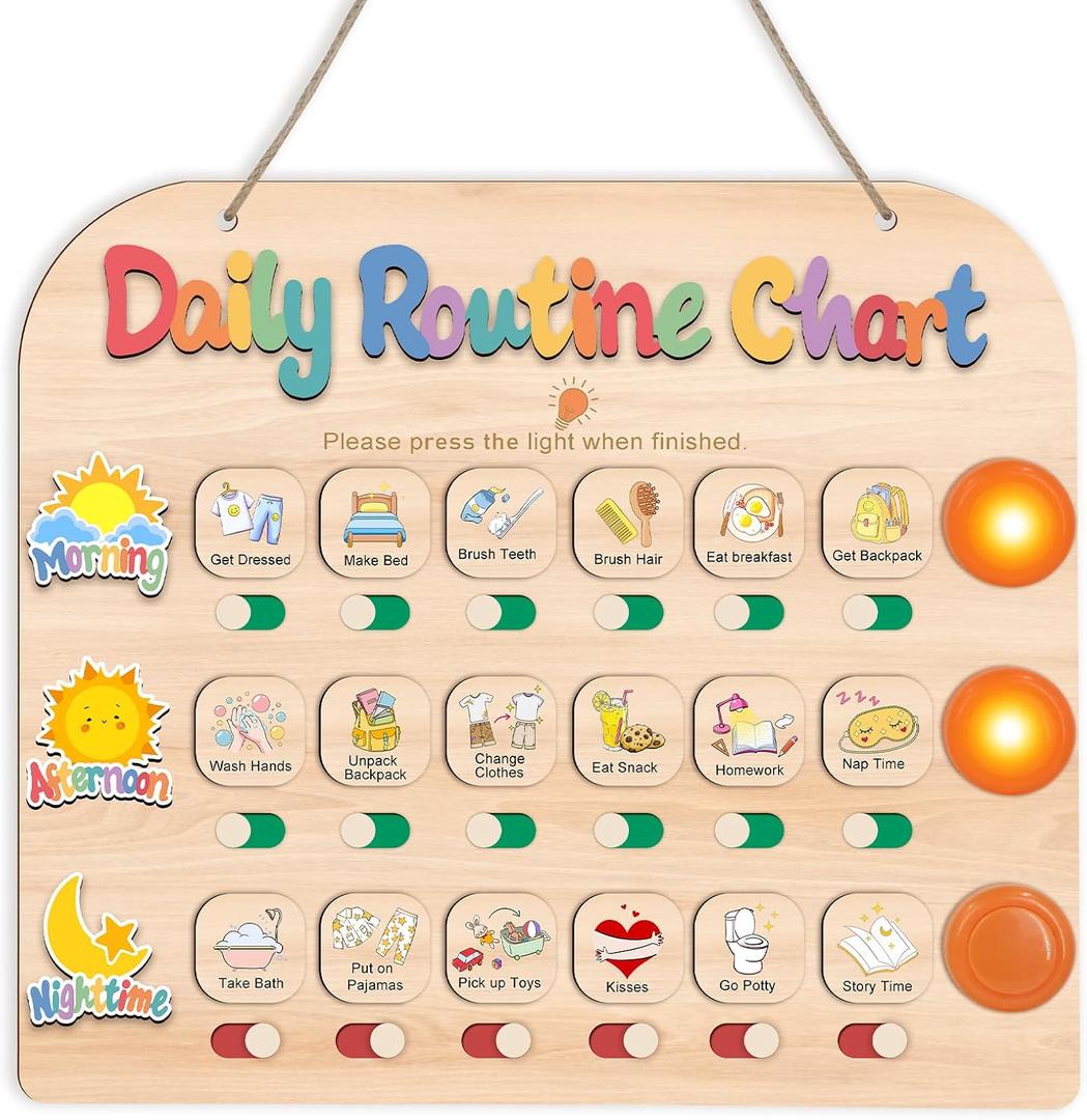 Daily Routine Chart for Toddlers, 3 in 1 Morning Bedtime Checklist Chart to Do List w/ 3 Tap Lights & 18 Task Planning, Sliding Wooden Visual Schedule Board for Kids, Autism, ADHD, Planners