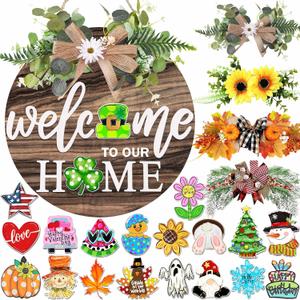 Interchangeable Welcome Sign for Front Door with 4 Seasonal Wreaths and 21 Changeable Icons, Farmhouse Rustic Outdoor Welcome Signs Porch, Holiday Spring Summer Winter Fall Decorations for Home Gifts