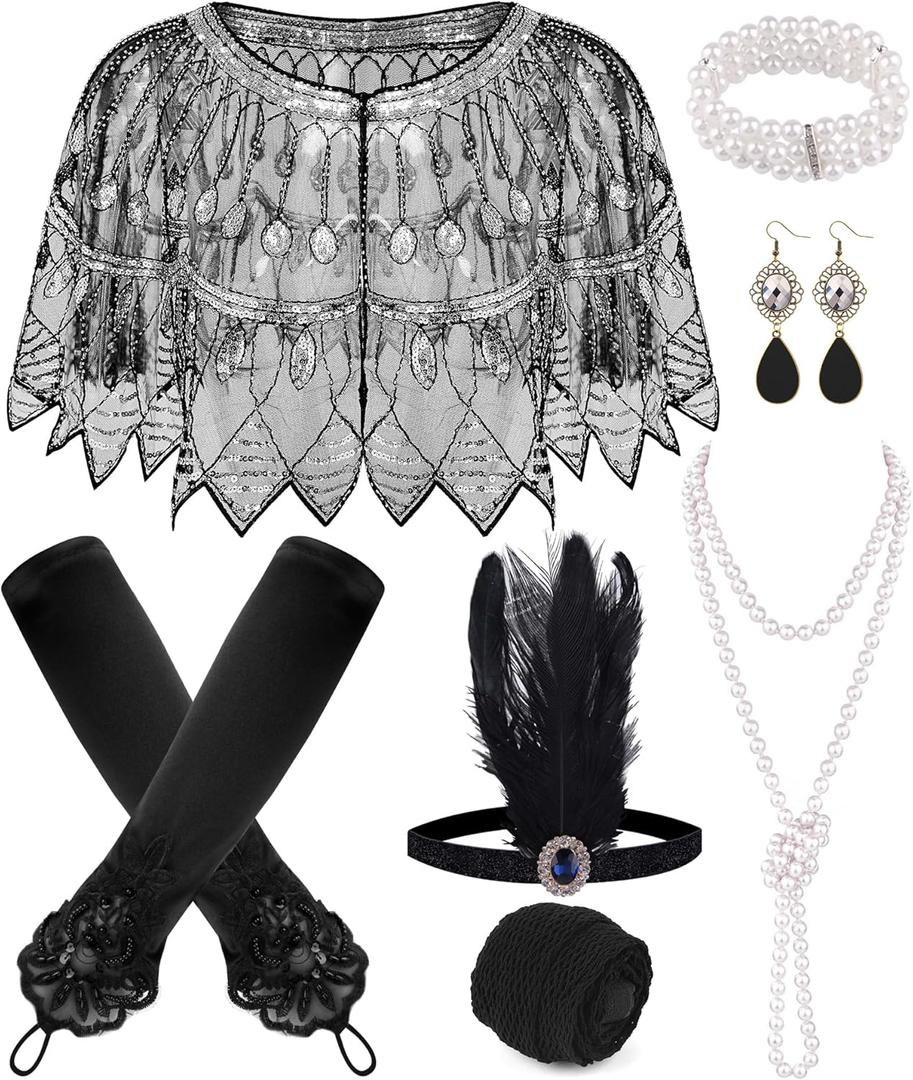 PLULON 8 Pcs 1920s Flapper Accessories Set for Women, Great Gatsby Dresses Sequin Shawl Wraps Roaring 20s Dresses for Party (Black Silver)