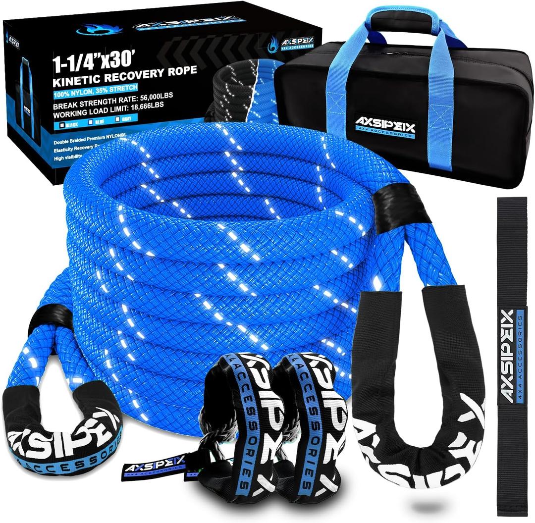 Kinetic Recovery Rope Kit (Reflective), 1.25in x 30ft 56,000Lbs, 35% High Elasticity, w/ 2 Soft Shackles, 18,666Lbs Work Load Limit for 4x4 Offroad Vehicle