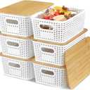 EOENVIVS Plastic Storage Baskets with Bamboo Lids for Pantry Organization and Storage Containers Bins for Shelves Drawers Desktop Closet Playroom Classroom Office Home, 6 Pack,White