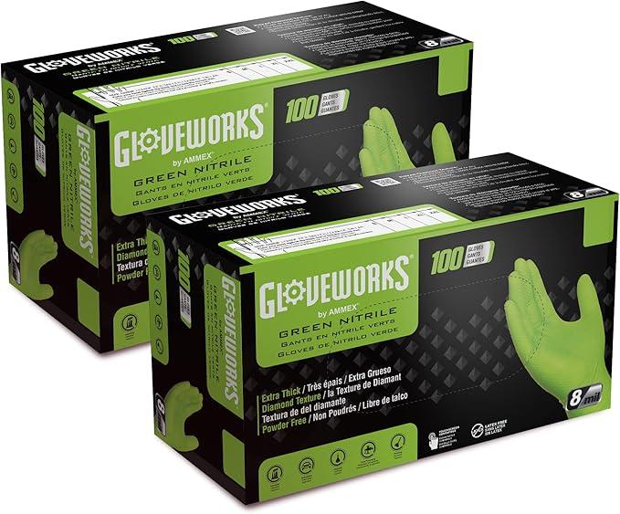 GLOVEWORKS HD Green Nitrile Gloves L, 8 mil Nitrile Disposable Gloves with Raised Diamond Grip, 2 Boxes of 100 Gloves L