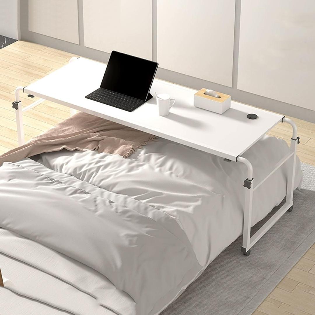Adjustable Overbed Table, Overbed Desk with Wheels, Rolling Tray Table for Laptop and Writing for Living Room, Mobile Computer Workstation(White,100cm)