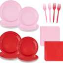 96Pcs Pink Red Birthday Party Decorations Red and Pink Plates and Napkins Disposable Solid Color Paper Tableware Set for Girls Women Birthday Mother's Day Bridal Shower Party Supplies Serves 24