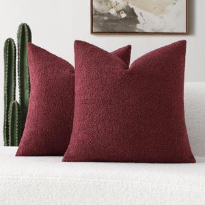 FUTEI Pack of 2 Burgundy Decorative Throw Pillow Covers 18x18 Inch Soft Cory Solid Boucle Textured Cushion Case, Modern Home Decor for 1 Couch Bed Living Room